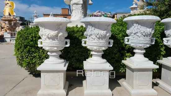 Grossista di vasi da fiori in marmo da giardino per esterni in pietra di marmo bianco intagliato a mano naturale