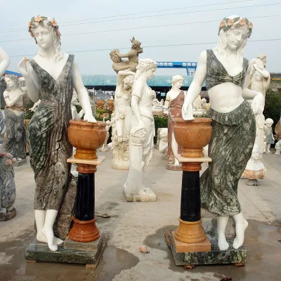 Mobili da giardino in pietra intagliati a mano vaso da fiori in marmo massiccio naturale con statue di donne